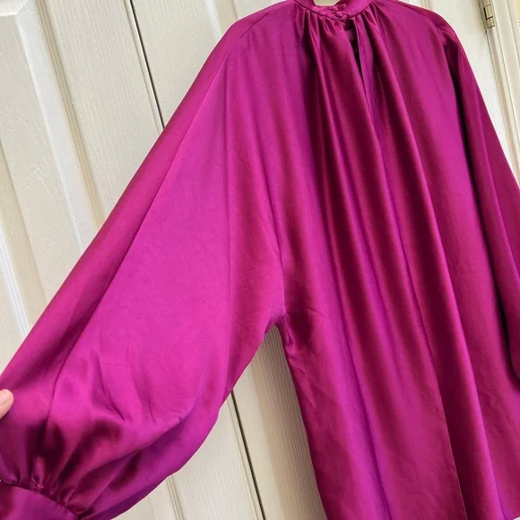 Trina Turk Magenta Satin Mock Neck Cocktail Dress Long Sleeve M - Picture 7 of 9
